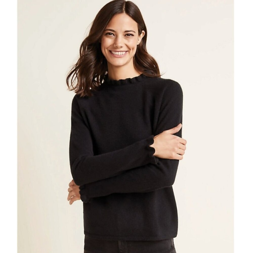 Sundance Aileen Ruffle Pullover‎ Sweater Ruffle Neck Cuffs Rib Trim Black Small